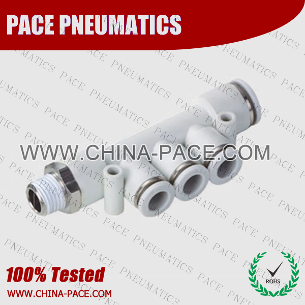 Grey White Push In Fittings Male Triple Branch, Pneumatic Push To Connect Fittings, Polymer Air Fittings, one touch tube fittings, Pneumatic Fitting, Nickel Plated Brass Push in Fittings, Pneumatic Fittings, Tube fittings, pneumatic accessories